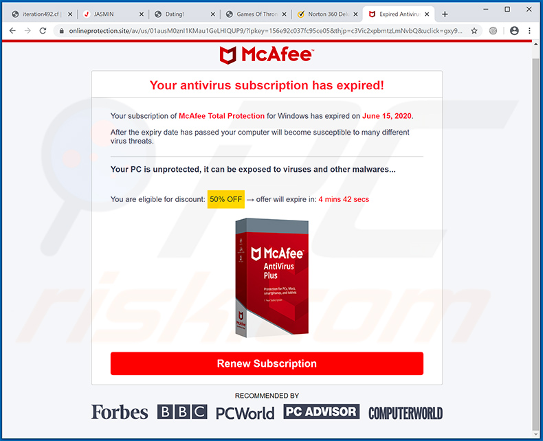 Your McAfee Subscription Has Expired Pop-up-Betrug angezeigt von onlineprotection.site