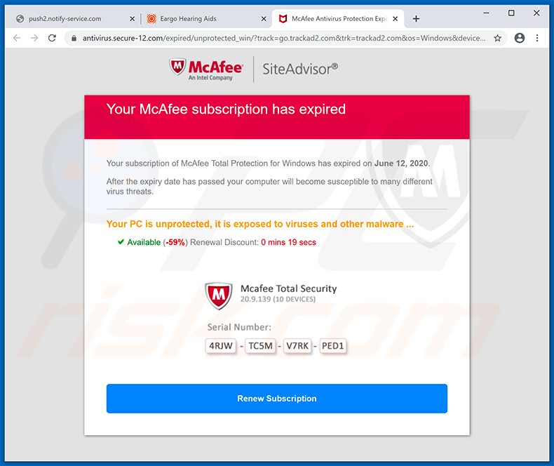 Your McAfee Subscription Has Expired Pop-up-Betrug (2020-06-16)