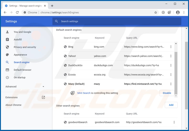 Removing find.mintsearch.net from Google Chrome default search engine