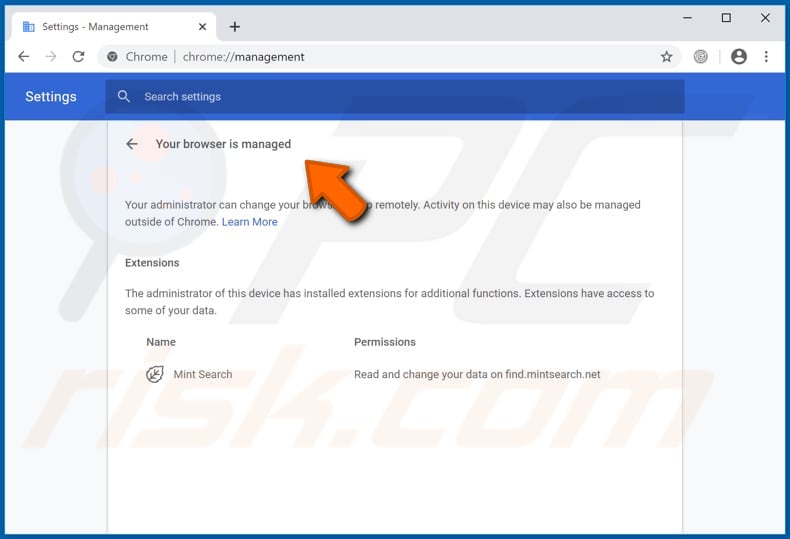 mint search browser hijacker managed by your organization