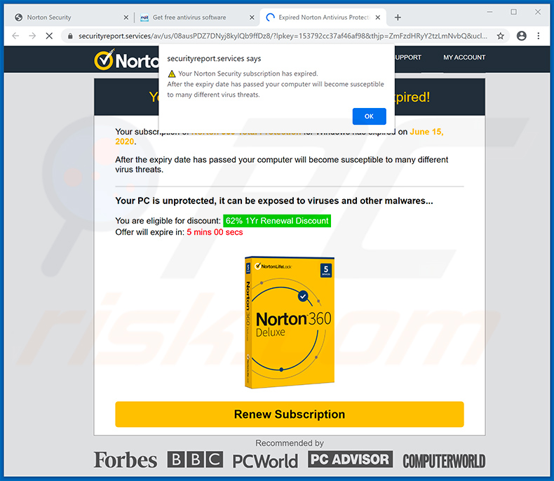 Das Norton Abonnment ist heute abgelaufen Pop-up-Betrug angezeigt von securityreport.services