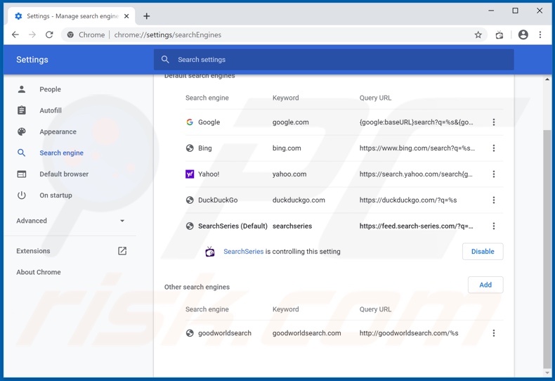 Removing search-series.com from Google Chrome default search engine