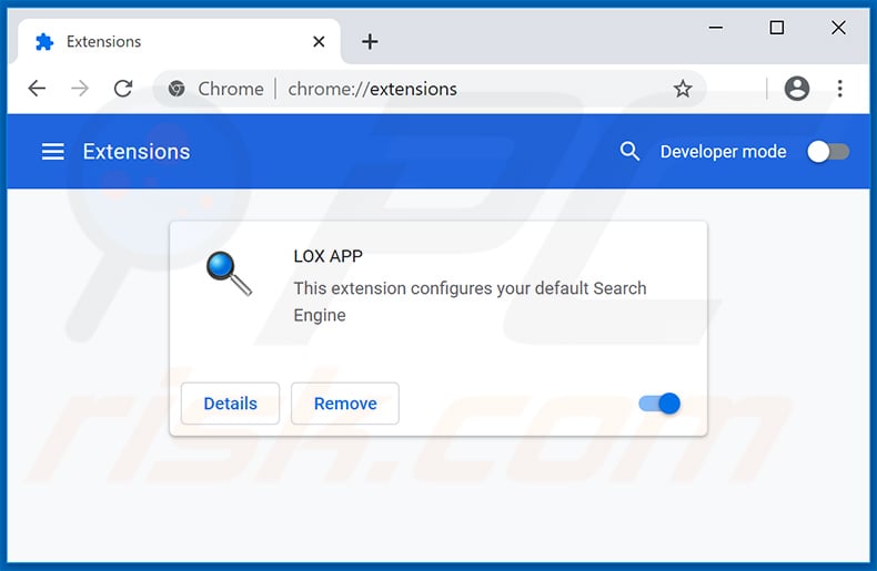LOX APP Chrome extension promoting searchred01.xyz
