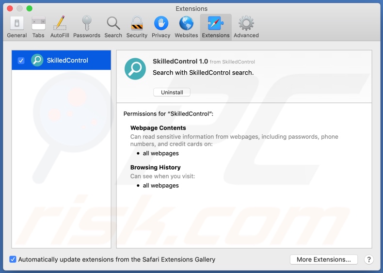 SkilledControl adware installed onto the Safari browser