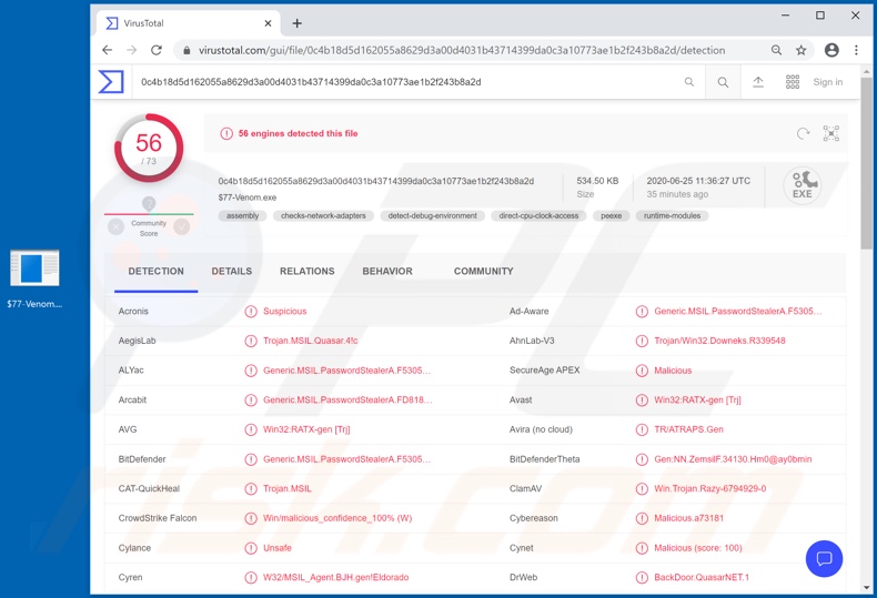 VenomRAT Malware Erkennungen auf VirusTotal