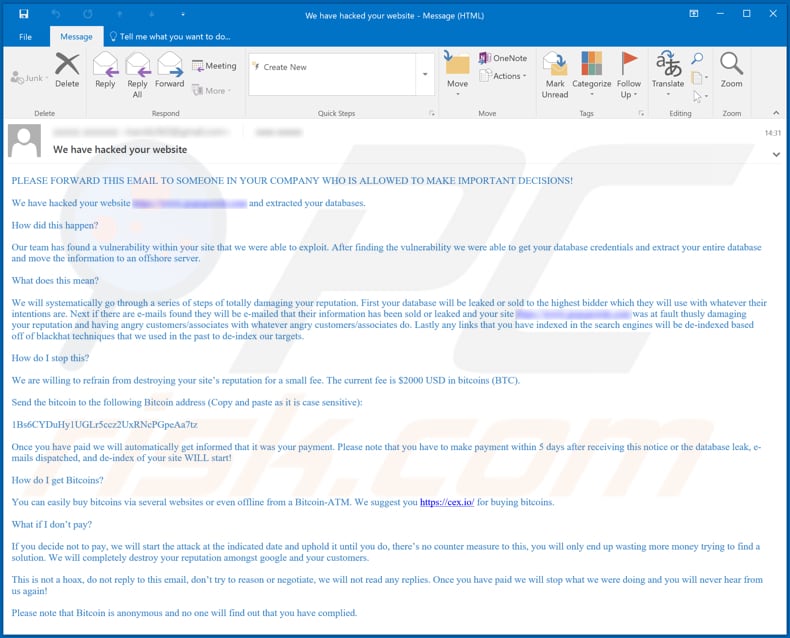 we have hacked your website E-Mail-Betrug eine weitere Variante