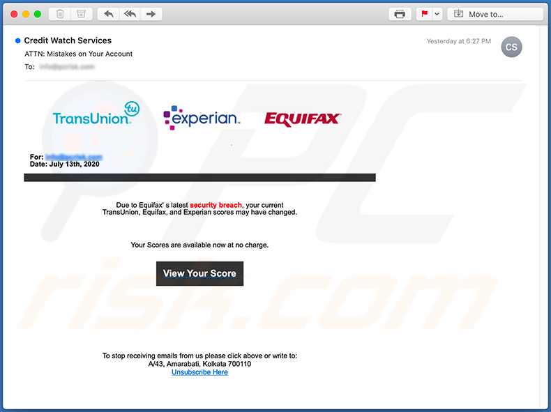 Equifax-benannte Spam-E-Mail zur Förderung der Phising-Seite