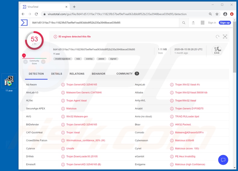 DarkCrystal Malware Erkennungen auf VirusTotal