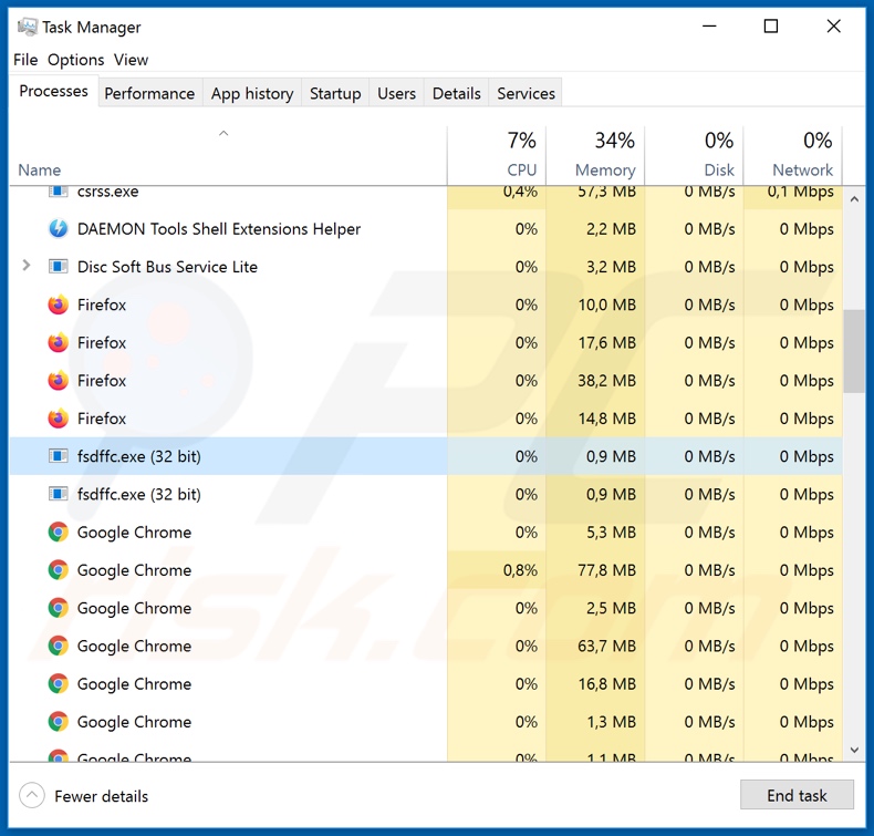 DarkCrystal Fernzugrifftrojaner-Prozess im Task Manager (zufällige Prozessnamen)