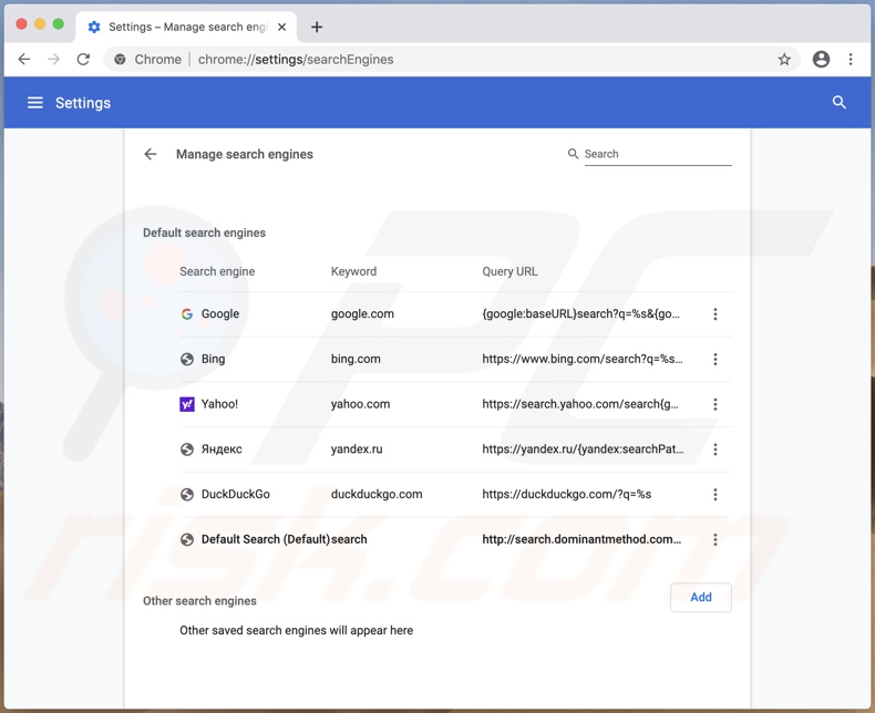 DivisionFormat adware changes Chrome default search engine to search.dominantmethod.com