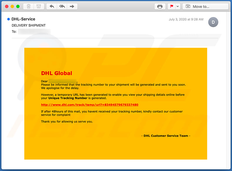 DHL-benannte Phishing-E-Mail (2020-07-13)