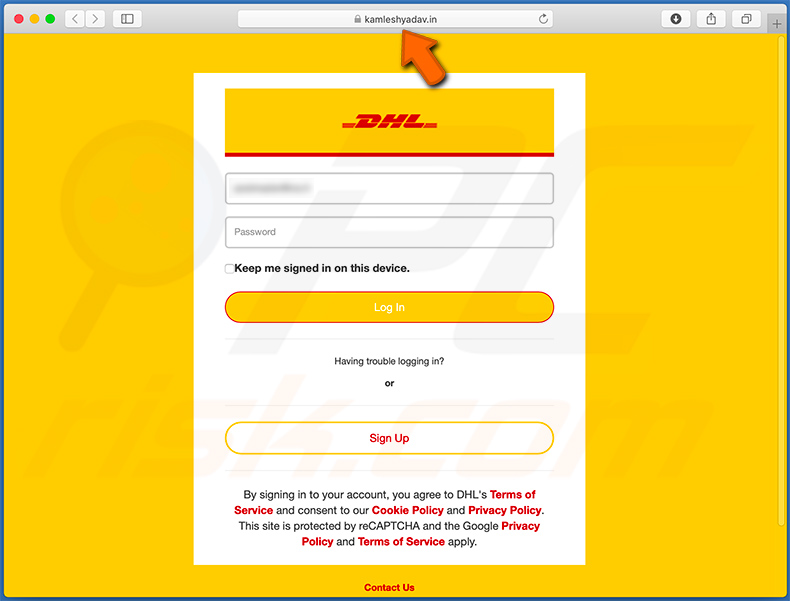 kamleshyadav.in - eine falsche DHL Anmeldeseite für Phishing Zwecke
