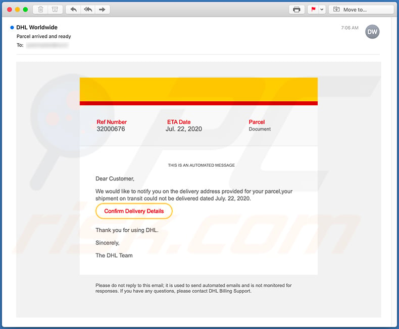 DHL-benannte Spam-E-Mail fördert eine Phishing-Seite (2020-07-24)