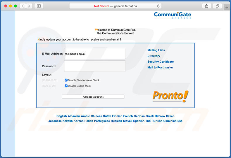 General.farhat.ca Phishing Webseite über Spam-E-Mail gefördert