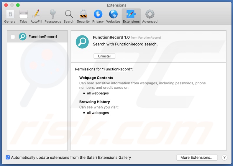 FunctionRecord adware installed onto Safari