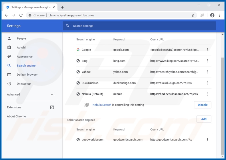 nebulasearch.net von der Google Chrome Standardsuchmaschine entfernen