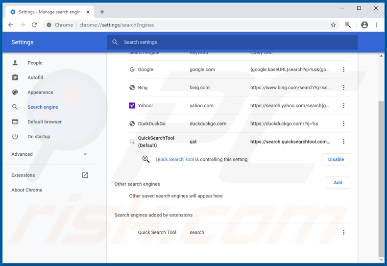 quicksearchtool.com von der Google Chrome Standardsuchmaschine entfernen