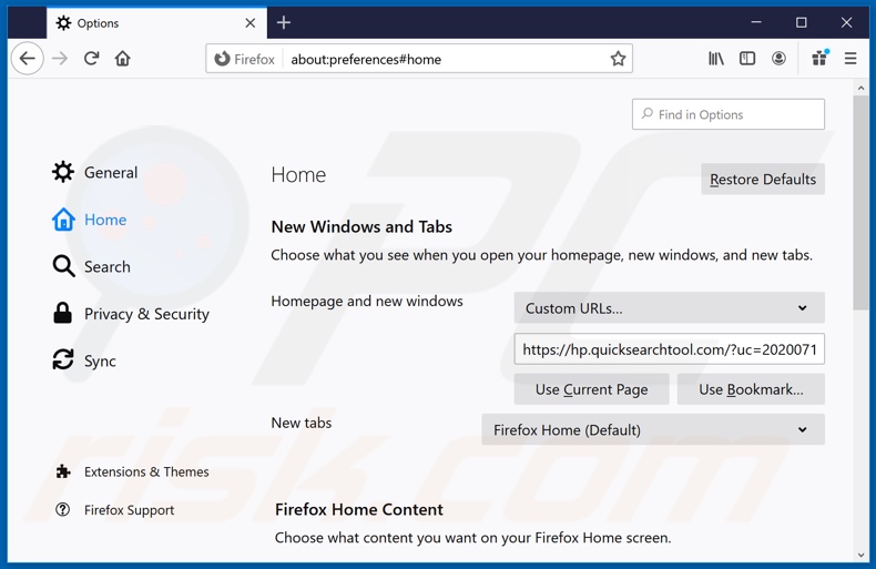 quicksearchtool.com von der Mozilla Firefox Startseite entfernen