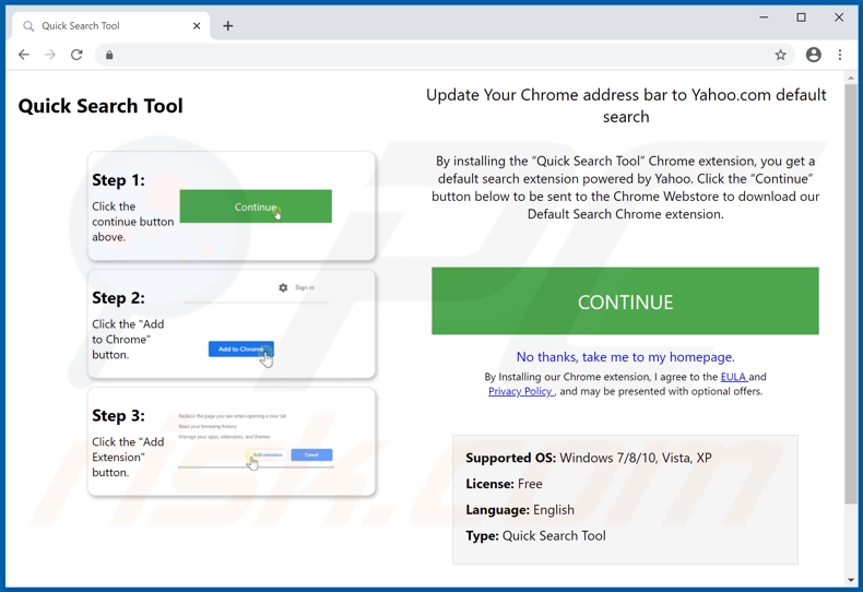 Verwendete Webseite zur Förderung des Quick Search Tool Browserentführers