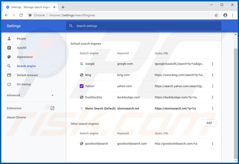 stormsearch.net von der Google Chrome Standardsuchmaschine entfernen