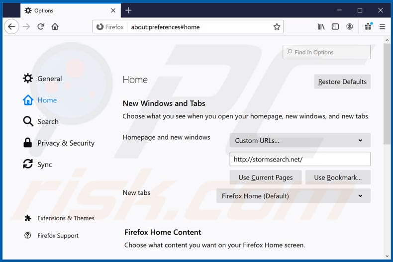 stormsearch.net von der Mozilla Firefox Startseite entfernen