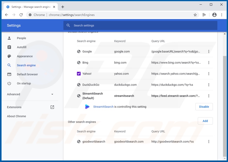 Removing streamit-search.com from Google Chrome default search engine