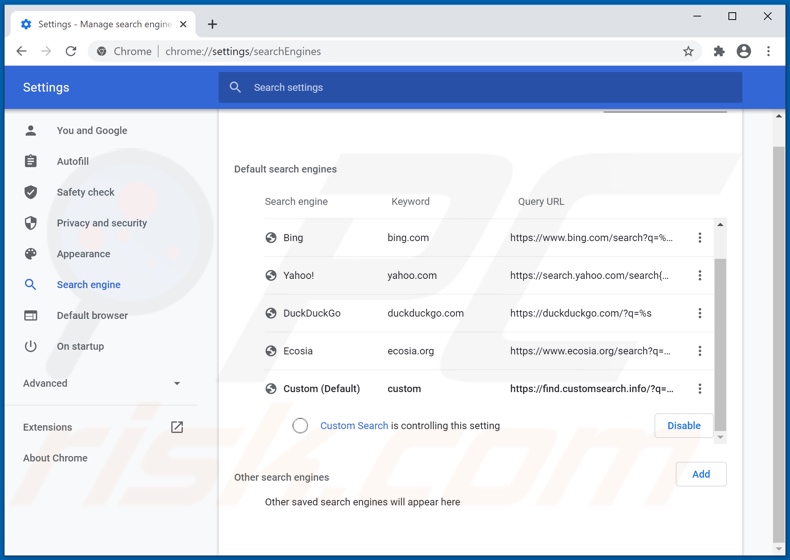 Removing customsearch.info from Google Chrome default search engine