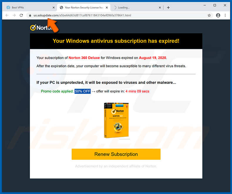 Das Norton Abonnment ist heute abgelaufen Pop-up-Betrug angezeigt von der us.askupdate.com Webseite
