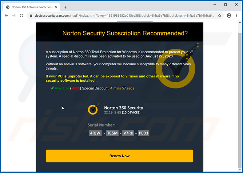 Das Norton Abonnment ist heute abgelaufen Pop-up-Betrug gezeigt von der devicesecurityscan.com Webseite