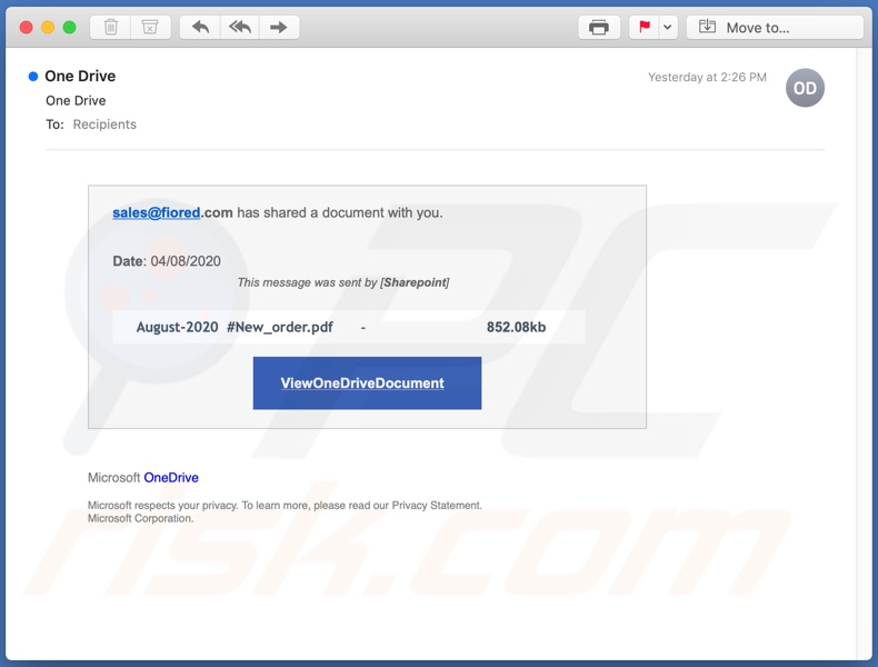 Fake OneDrive E-Mail Spam-Kampagne