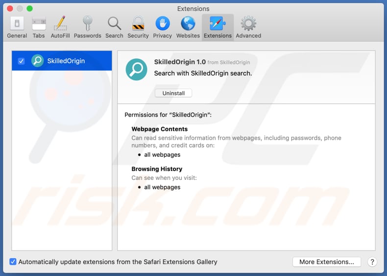 skilledorigin adware safari extension