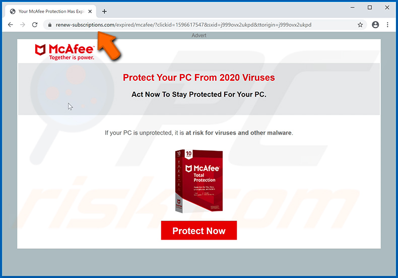 Your McAfee Subscription Has Expired Pop-up-Betrug angezeigt von der renew-subscriptions.com Webseite