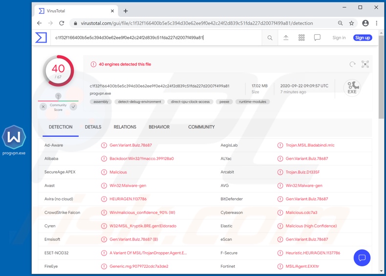 BLADABINDI Malware Erkennungen auf VirusTotal