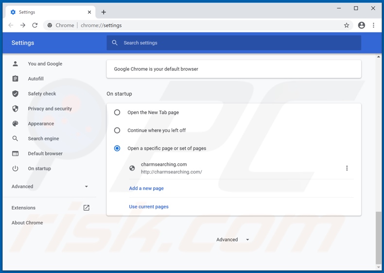 Removing charmsearching.com from Google Chrome homepage