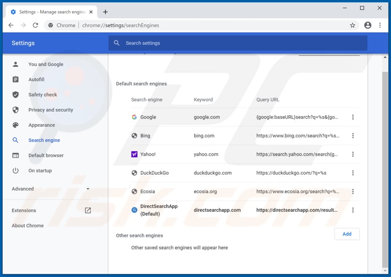 directsearchapp.com von der Google Chrome Standardsuchmaschine entfernen