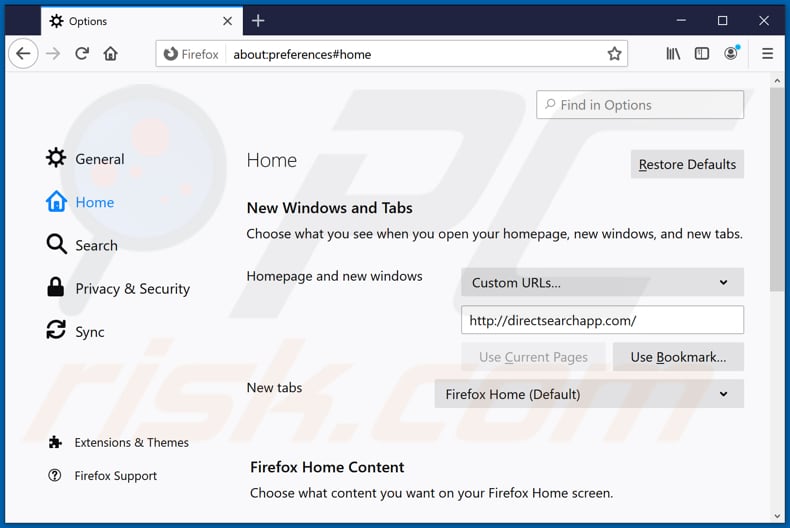 directsearchapp.com von der Mozilla Firefox Startseite entfernen