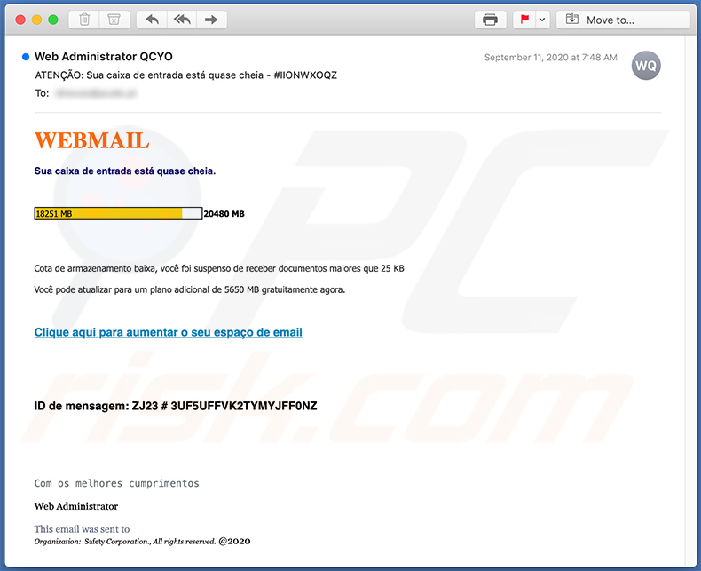 Portugiesische E-Mail quota benannte Spam-E-Mail