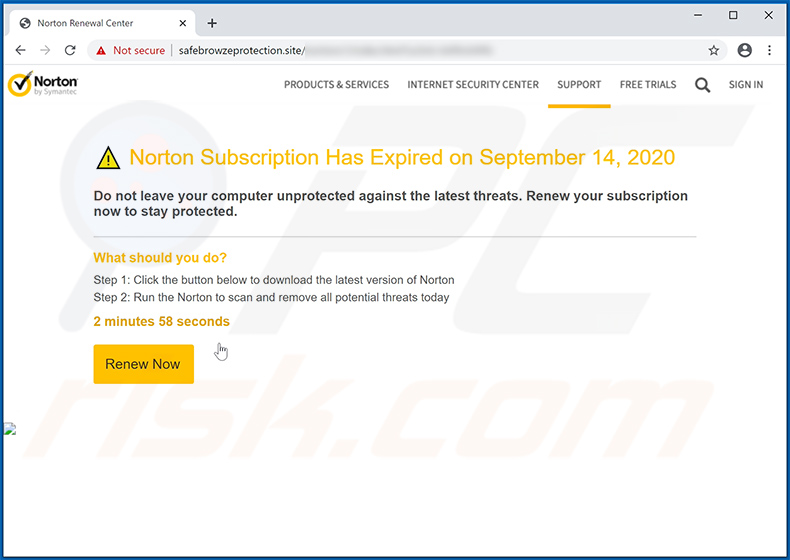 Das Norton Abonnment ist heute abgelaufen Betrug Variante gezeigt von der safebrowzeprotection.site Webseite