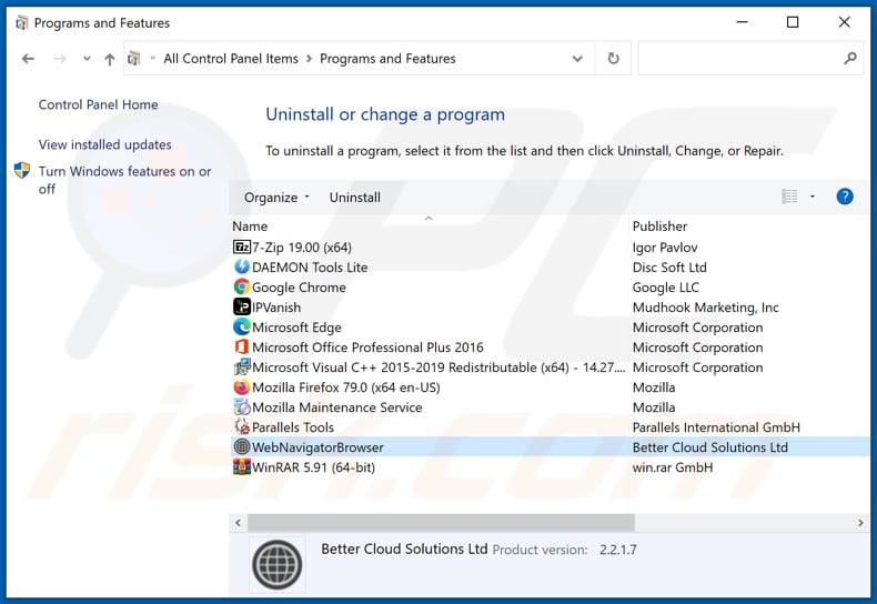 WebNavigatorBrowser adware uninstall via Control Panel