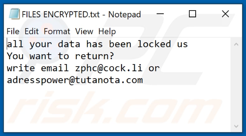 Zphs ransomware text file (FILES ENCRYPTED.txt)