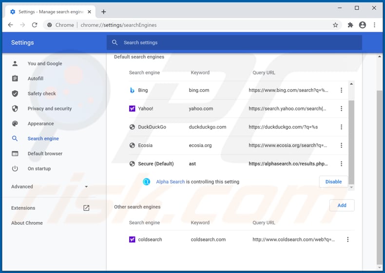 alphasearch.co von der Google Chrome Standardsuchmaschine entfernen