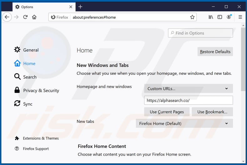 alphasearch.co von der Mozilla Firefox Startseite entfernen