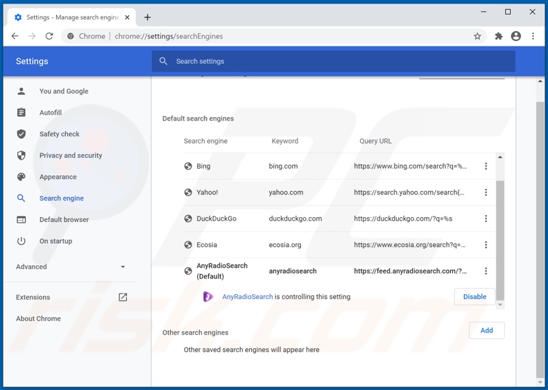 Removing anyradiosearch.com from Google Chrome default search engine