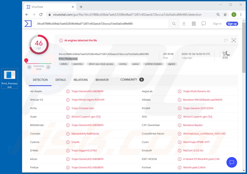 BazarLoader malware detections on VirusTotal