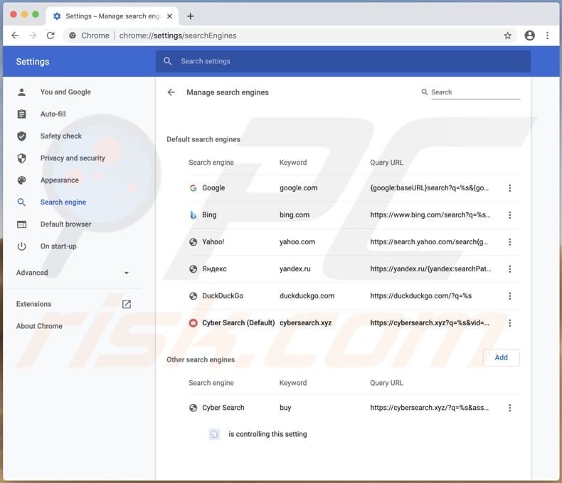 cyber search browser hijacker cybersearch.xyz in chrome settings