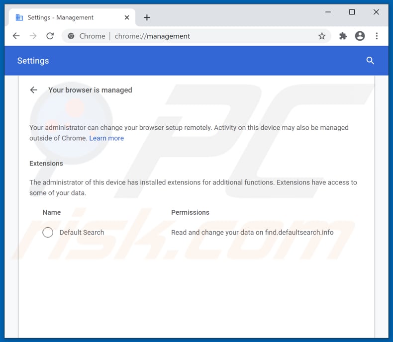 default search browser hijacker managed by your organization