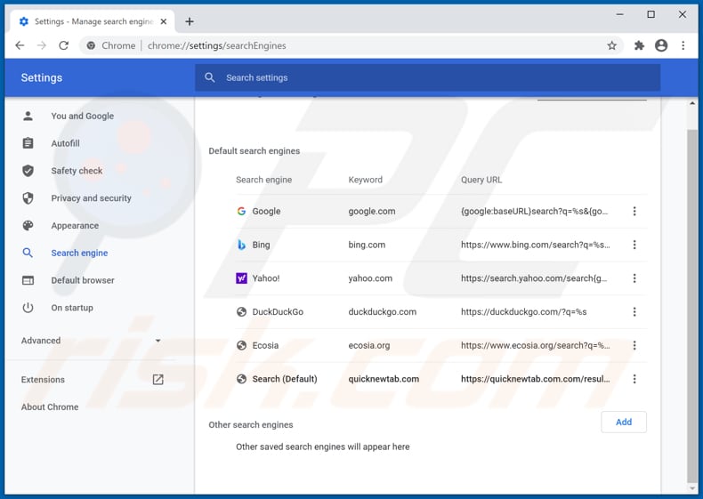 quicknewtab.com von der Google Chrome Standardsuchmaschine entfernen