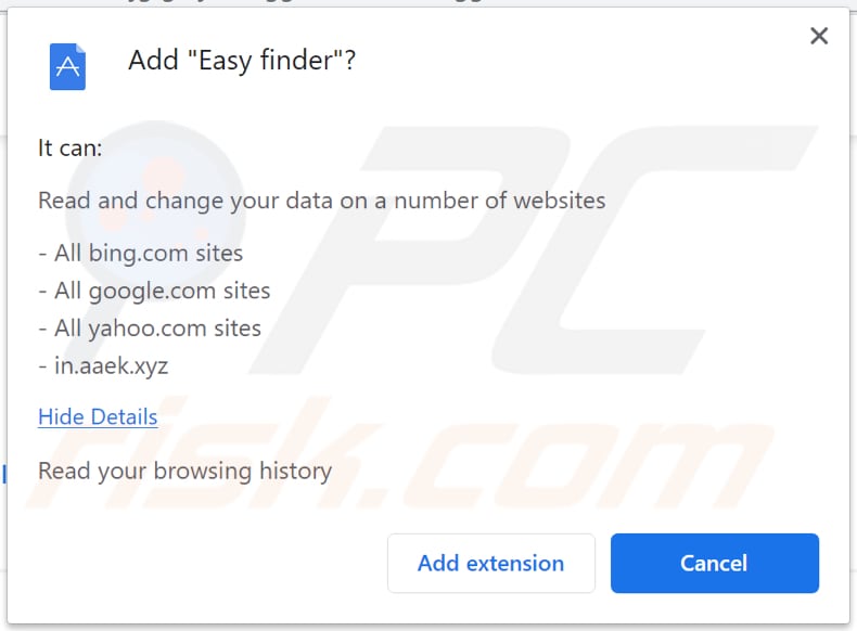 easy finder Browserentführer Benachrichtigung