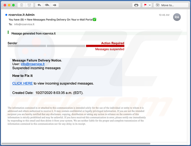 Spam-E-Mail zur Förderung einer Phishing-Webseite (2020-10-27)