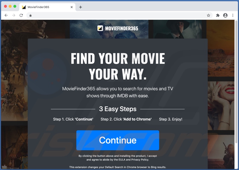 Dubiose Webseite zur Förderung des MovieFinder365 Browserentführers